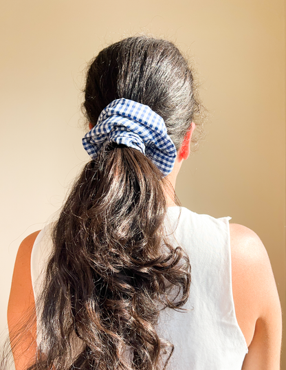 Elástico de cabelo scrunchie maxi xadrez azul